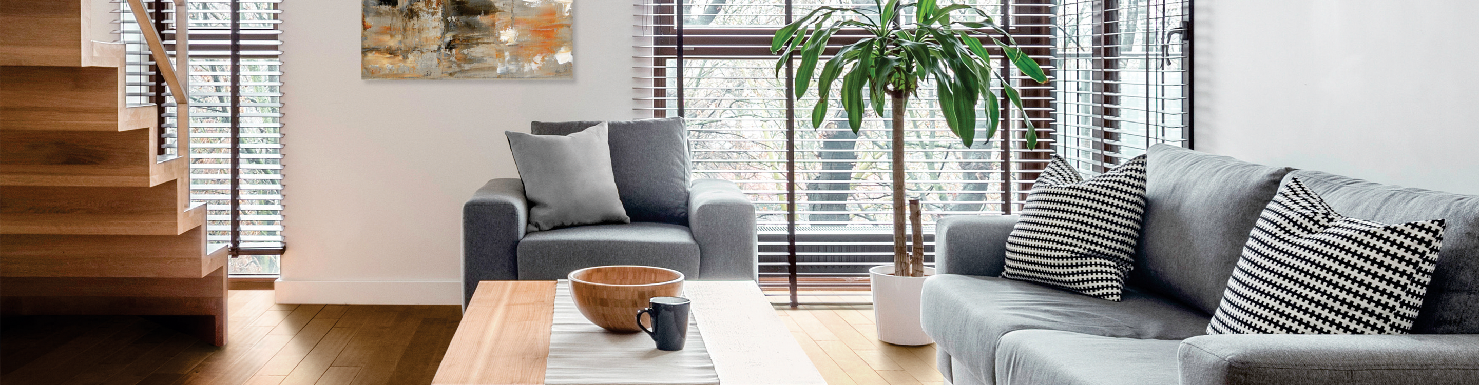 living room with large window and blinds