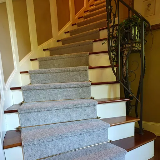 Grey Berber spiral carpet stair runner by Cooks Carpet & Flooring